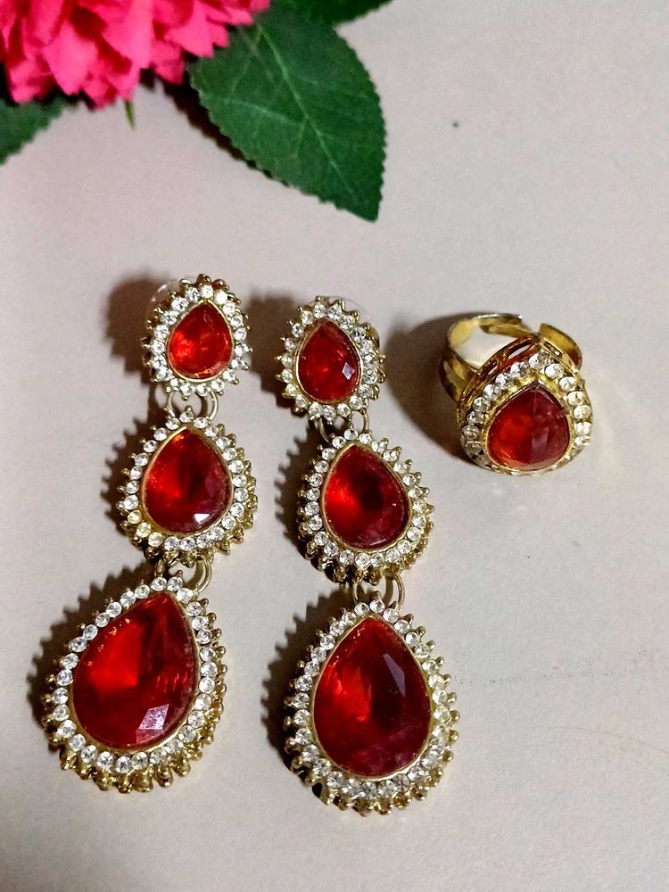 Red Earrings And FingerRing Set