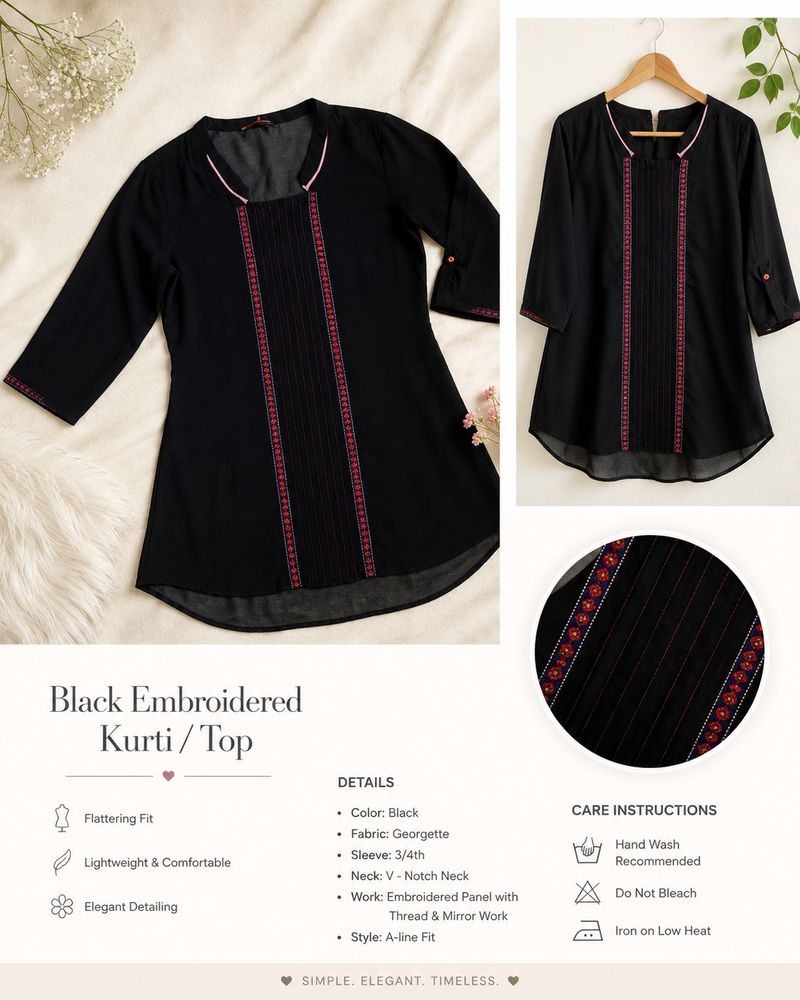 Black Embroidered Georgette Kurti Top | 3/4 Sleeve