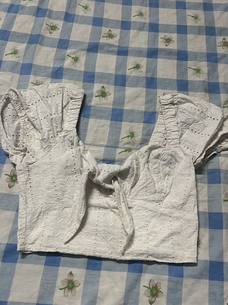 White Eyelet Tie-Front Crop Top