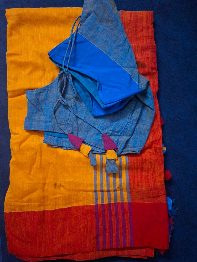Yellow and Orange linen saree with blouse