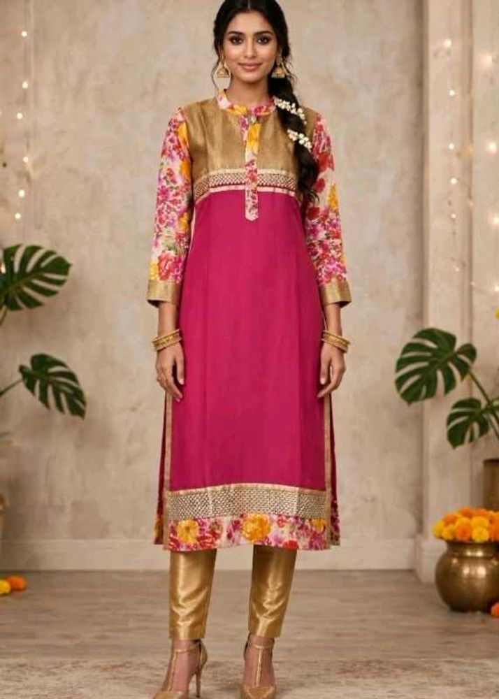 Vibrant Pink &amp; Gold Floral Kurta Set