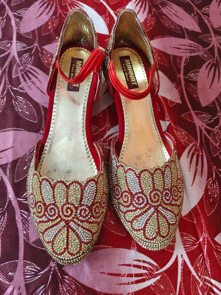 Embellished Red &amp; Gold Flat Shoes