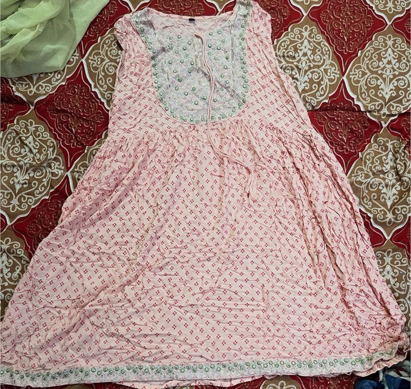 Pink Printed Kurta with Embellished Neckline