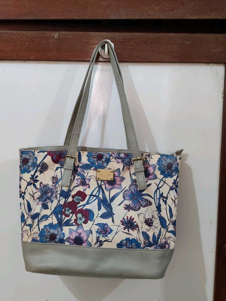 Floral Print Tote Bag with Grey Trim