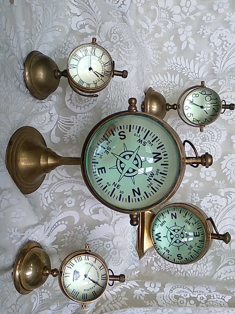 Vintage Brass Ship's Chronometer &amp; Compass Set