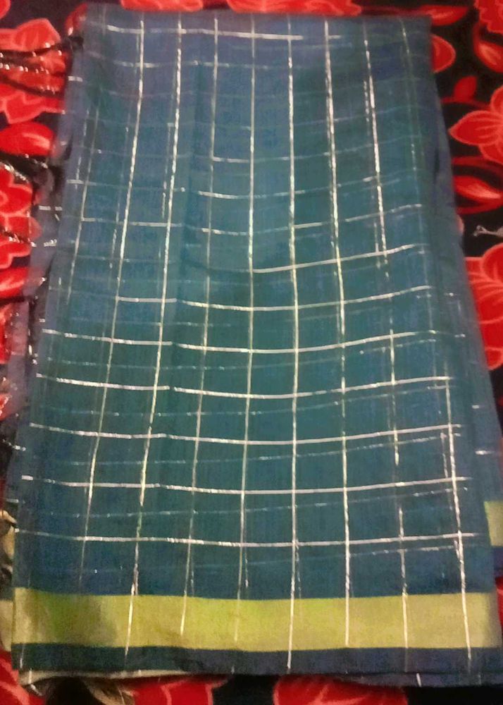 Elegant Teal Saree with Silver Checks