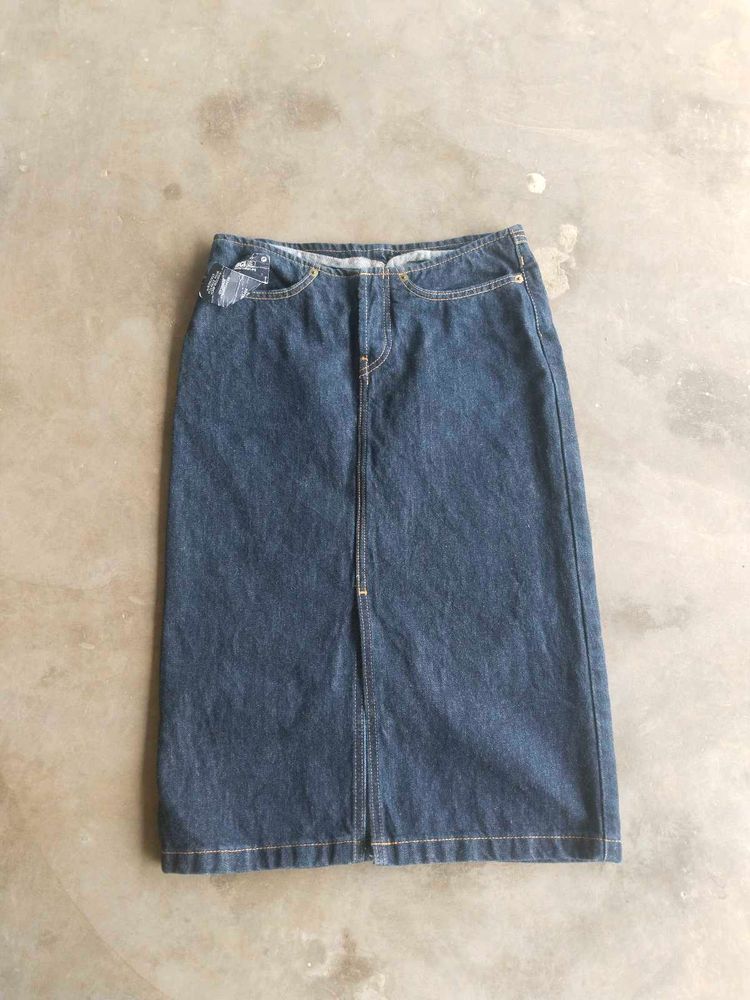 navy blue denim A-line skirt