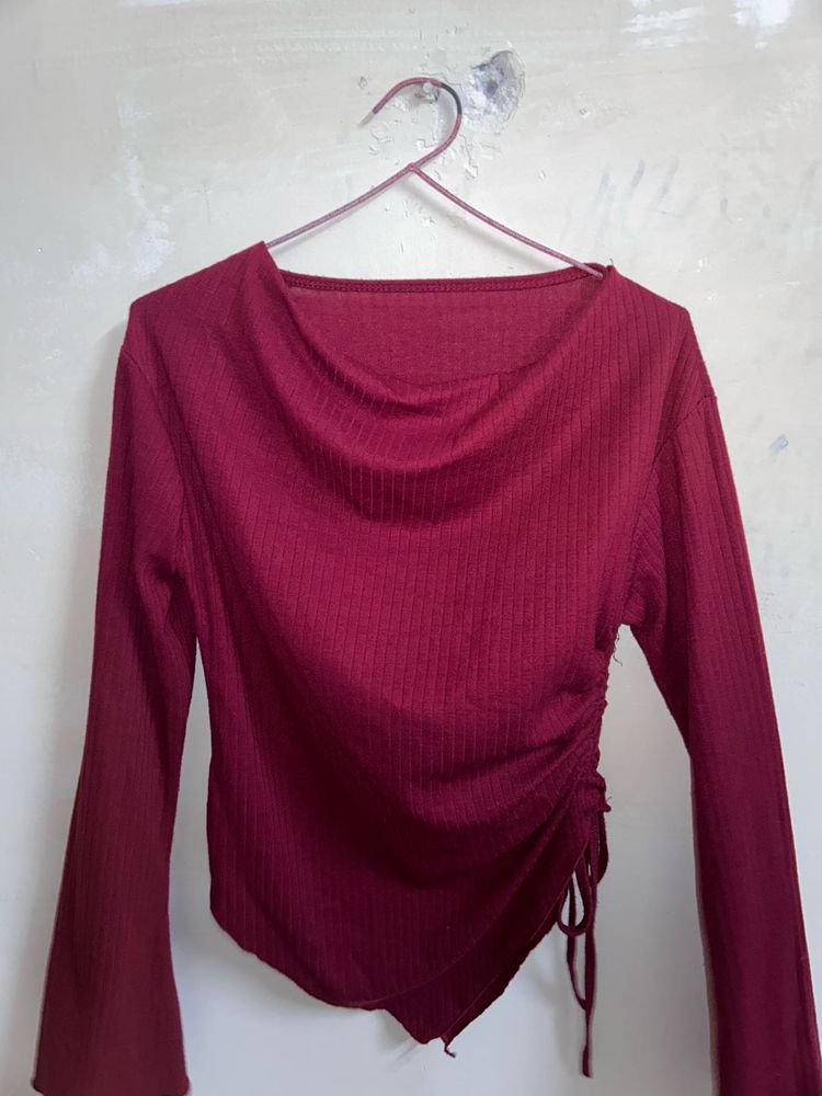 Maroon Ribbed Ruched Long Sleeve Top