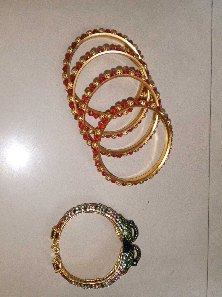Red &amp; Gold Bangle Set with Peacock Kada