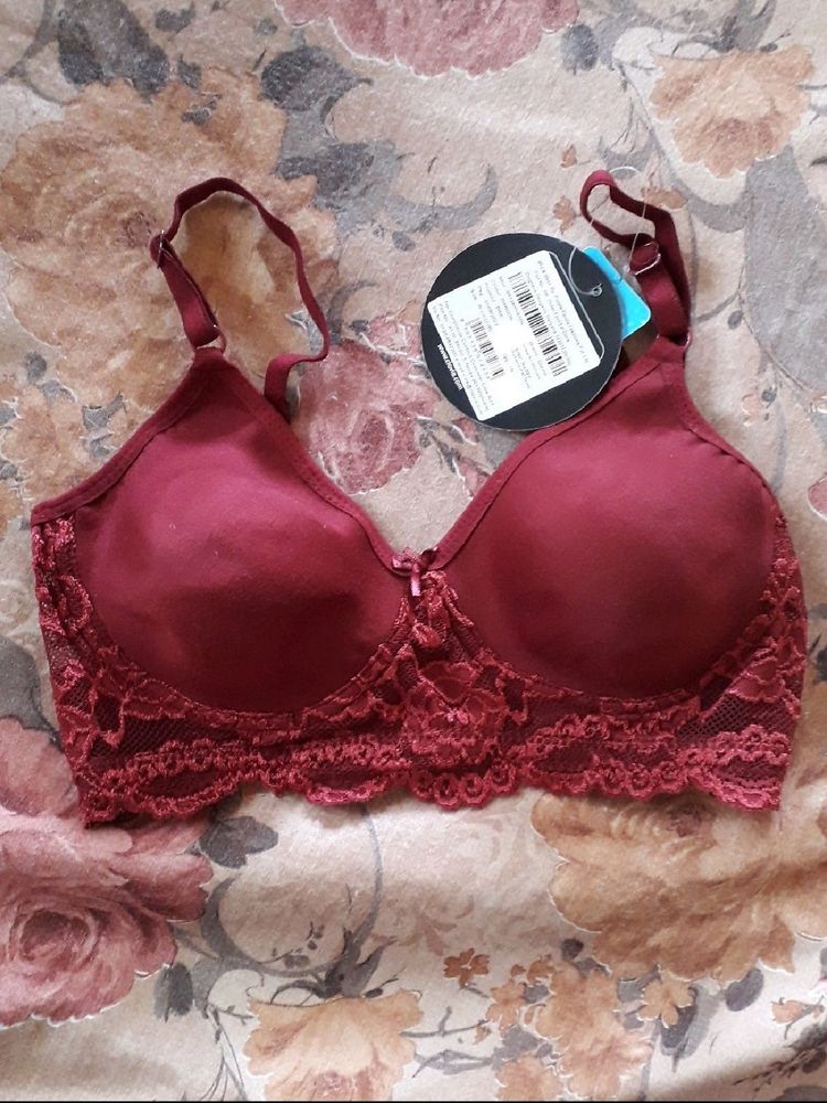 maroon cotton non padded lace bra 32