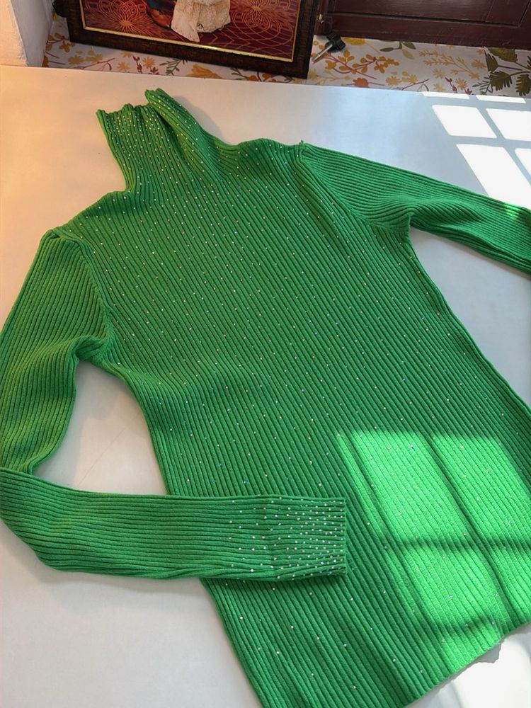Green Rhinestone Turtleneck Sweater