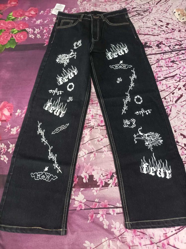Unique Dragon &amp; Flame Print Jeans
