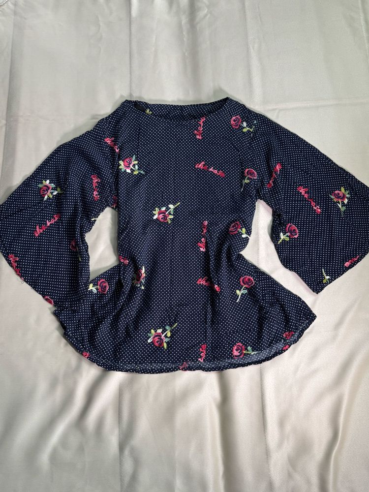 Navy Blue Floral Print Bell Sleeve Top
