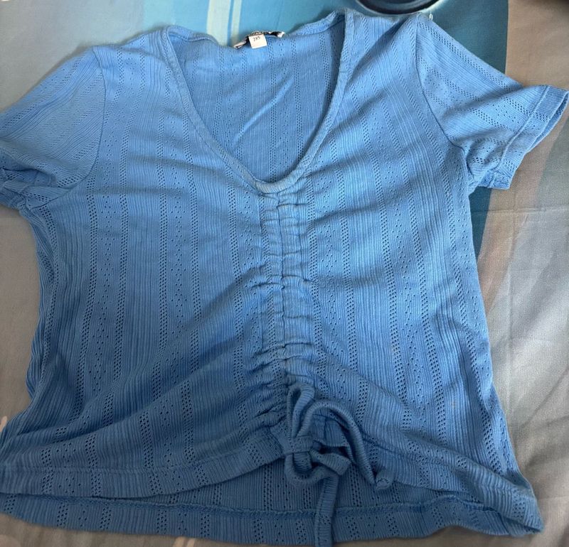 Blue Ruched Drawstring Crop Top