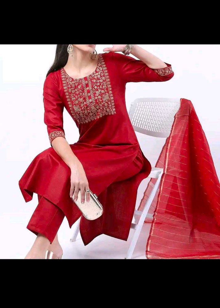 Elegant Red Embroidered Kurta Set with Dupatta