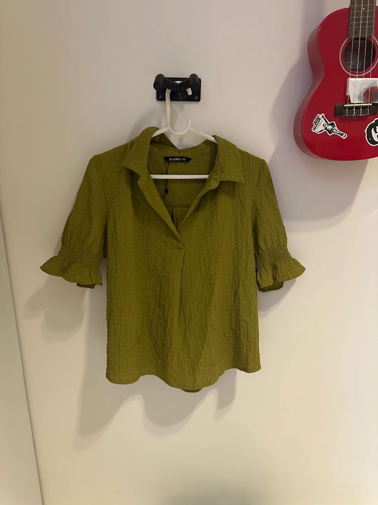 Olive Green Textured Puff Sleeve Top