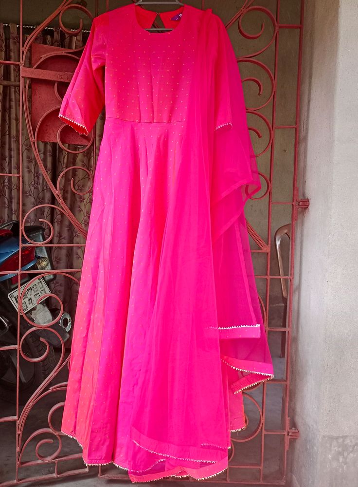 Woven Design Long Gown With Dupatta