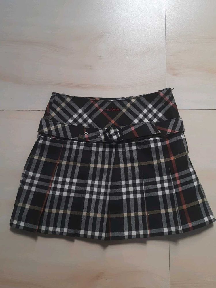 Plaid Pleated Skirt with Belt
