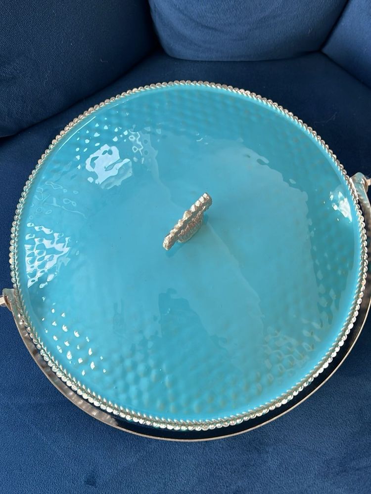 Turquoise Hammered Serving Tray with Lid