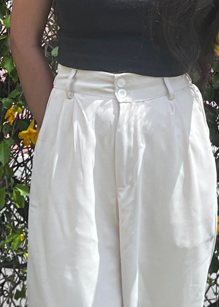 Cream Pleated High-Waist Trousers