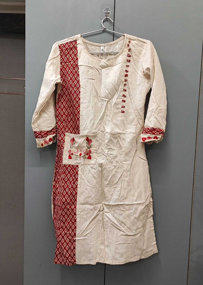 Cream and Red Embroidered Kurta