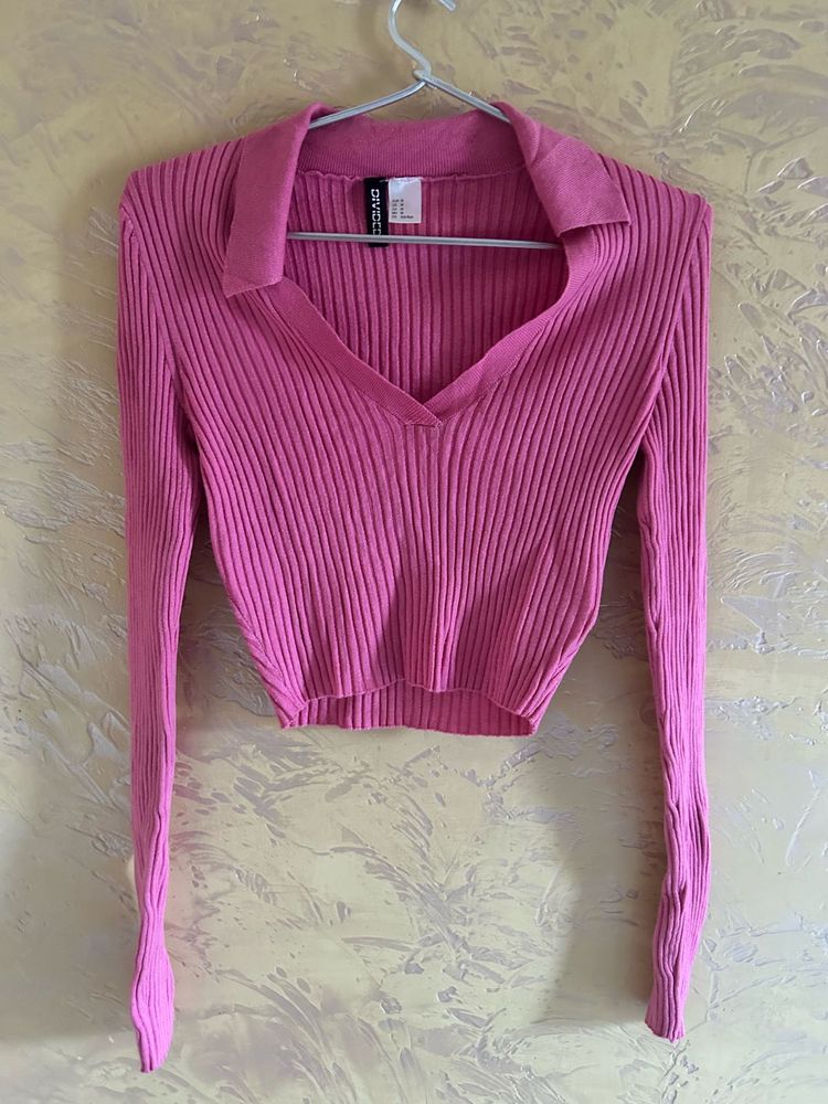 Pink Ribbed Collared Cropped Sweater