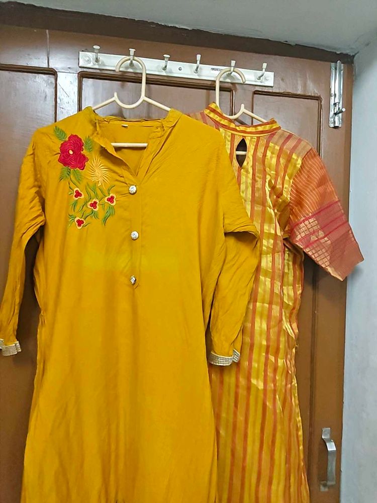 Vibrant Yellow Kurta Set with Floral Embroidery