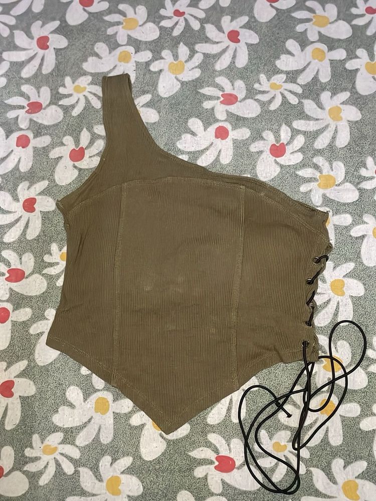 Olive Green One Shoulder Lace-Up Top