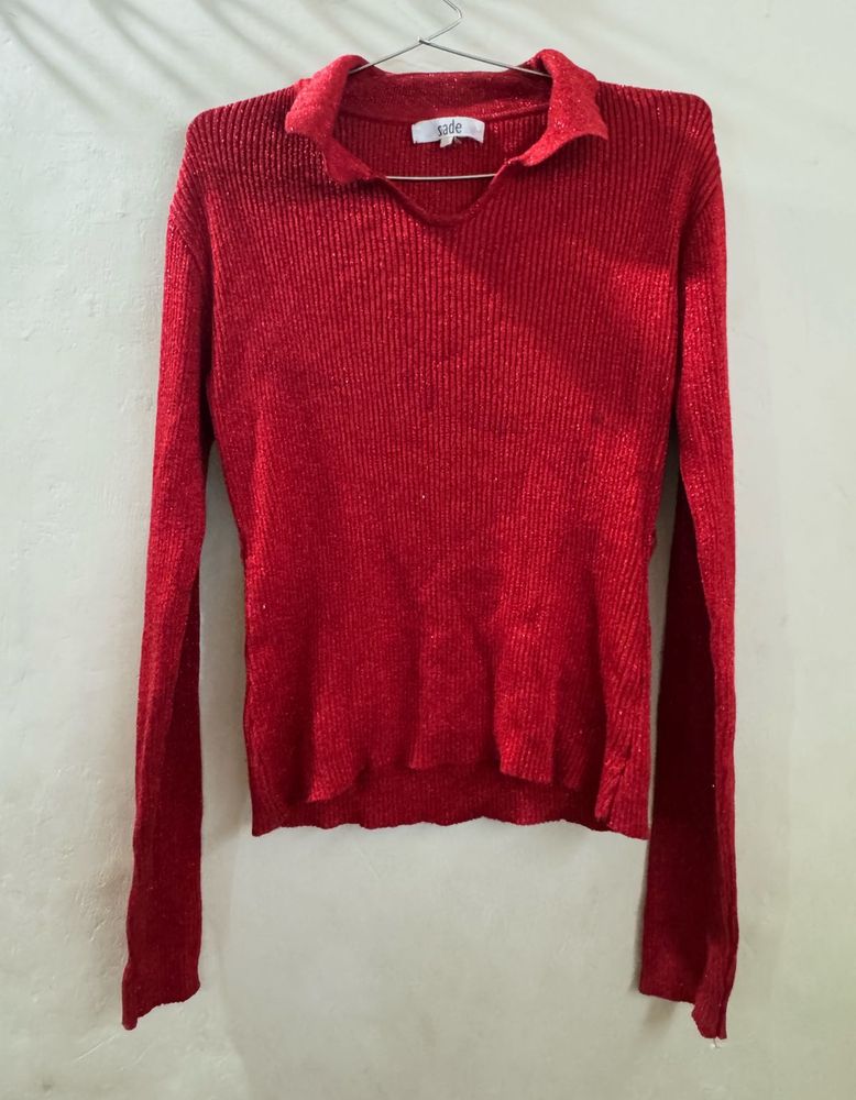Sparkly Red Collared Long Sleeve Top