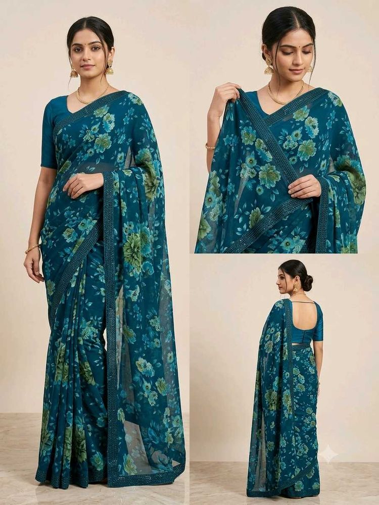 Elegant Teal Floral Print Saree