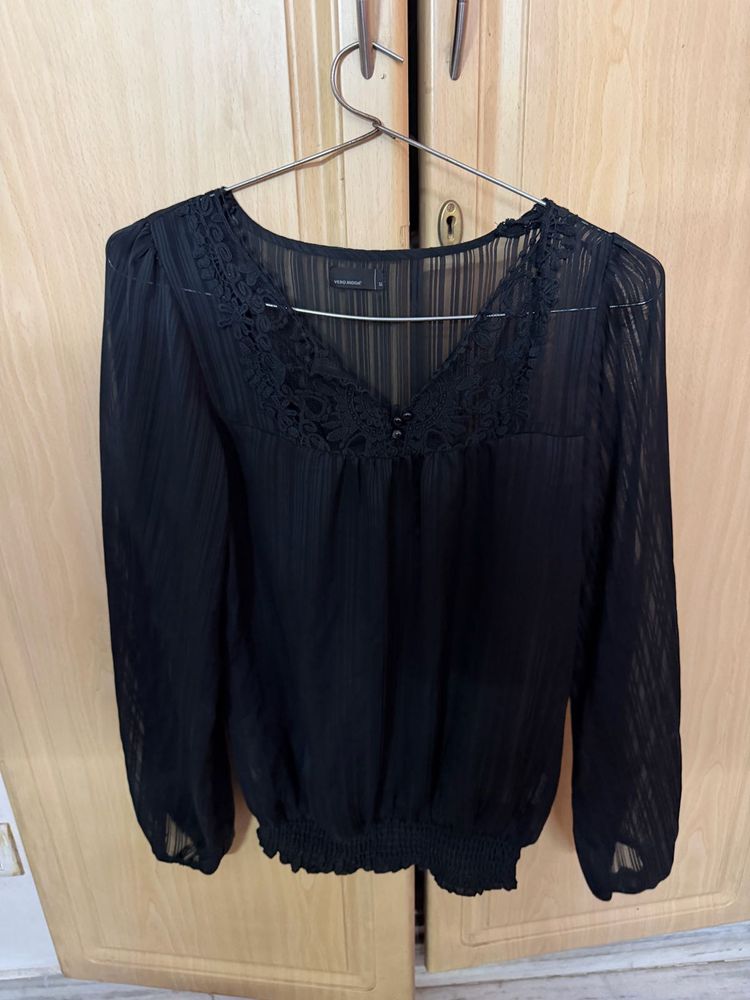 Elegant Black Sheer Lace Trim Top