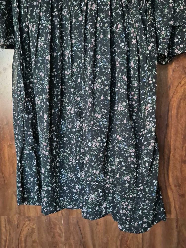 Floral Print Black Chiffon Dress