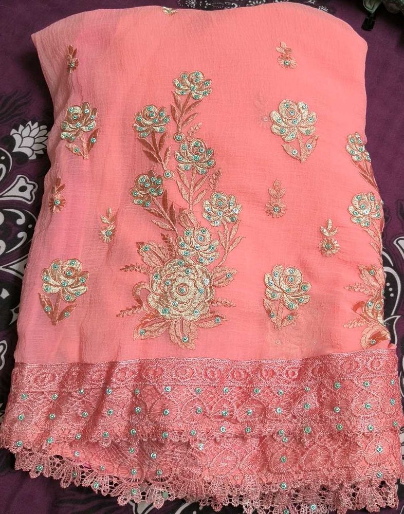 Elegant Peach Embroidered Saree