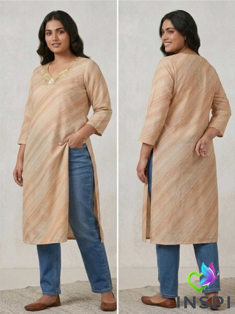 Graceful Striped Kurta with Embellished Neckline