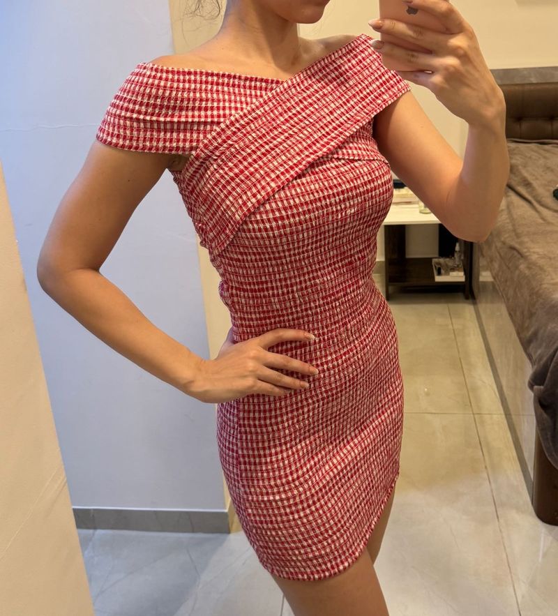 HWW Smocked Gingham Cross Over Dress