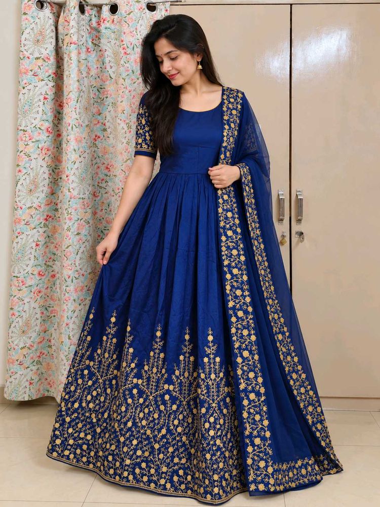 Royal Blue Embroidered Gown Dupatta Set