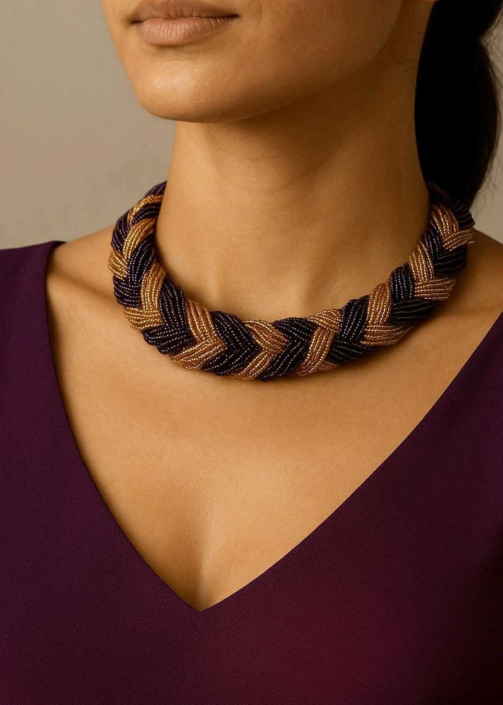 PURPLE ROSE GOLD Braided Beaded Necklace