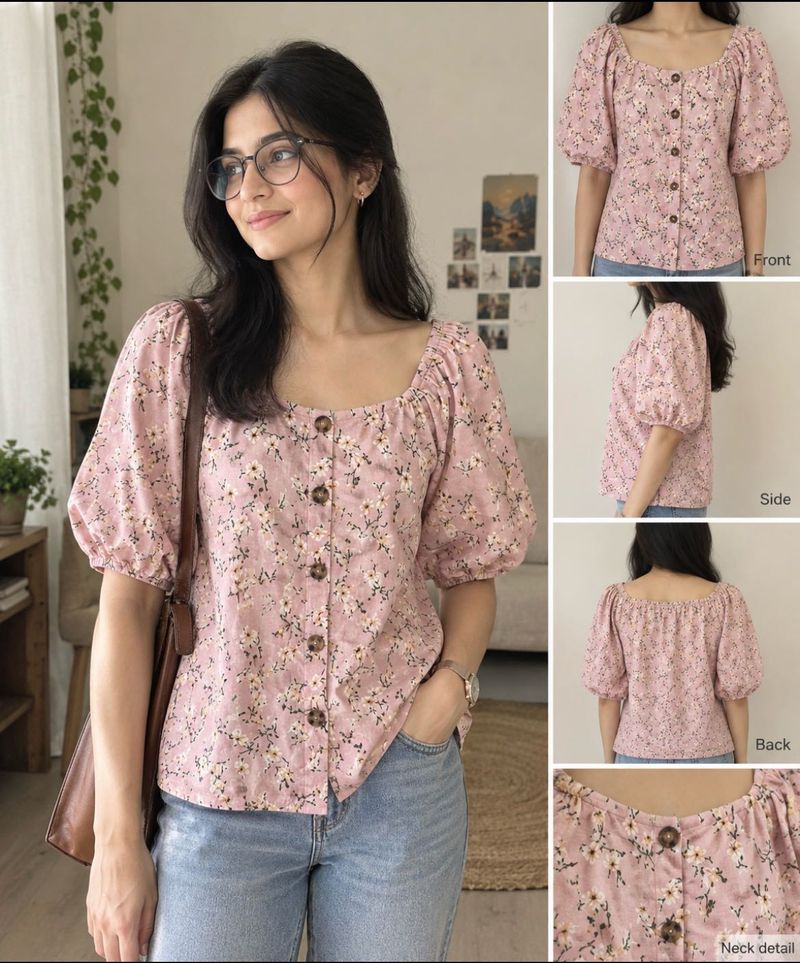 Floral Puff Sleeve Square Neck Top