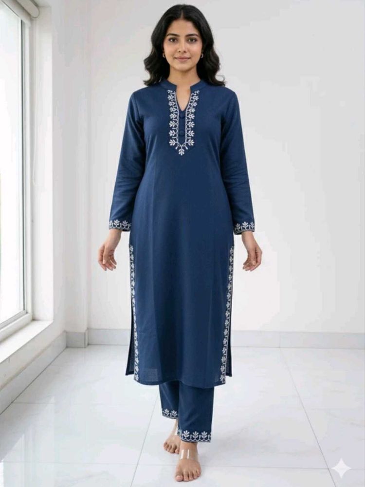 Elegant Winter Blue Embroidered Kurta Set