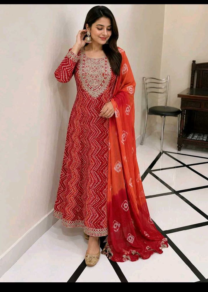 Elegant Red Bandhani Print Kurta Set with Dupatta