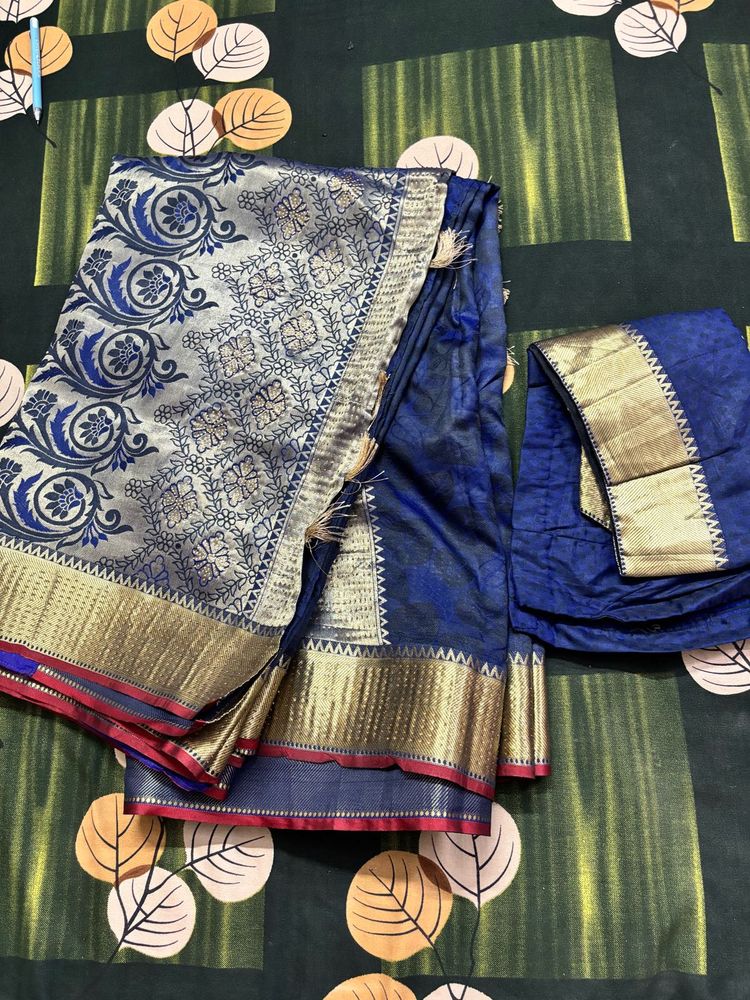 Elegant Blue Saree with Gold Border