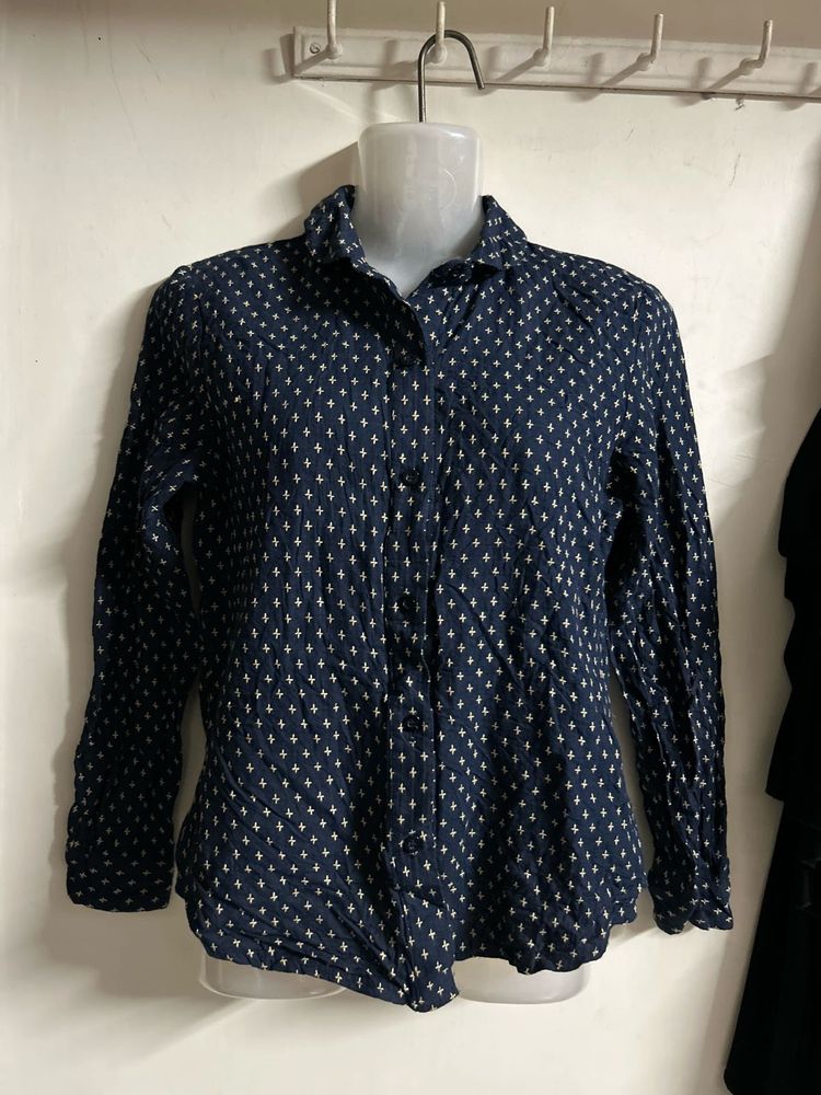 Navy Blue Printed Button-Up Shirt