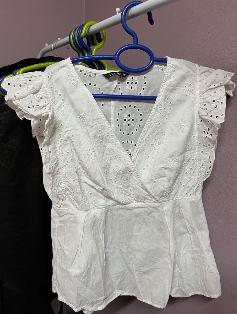 Chic White Broderie Anglaise Wrap Top