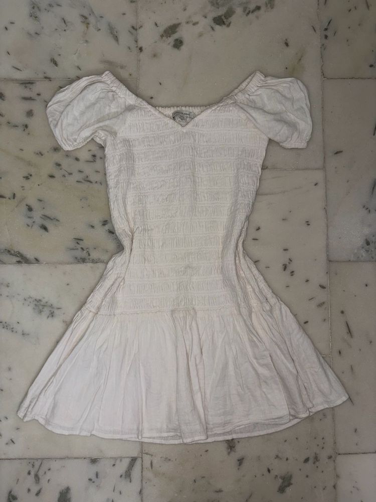 White Smocked Puff Sleeve Mini Dress