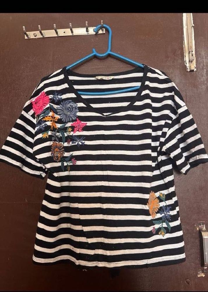 Striped T-shirt with Floral Embroidery