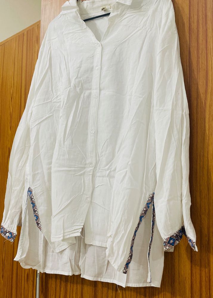 White Embroidered Button-Down Shirt