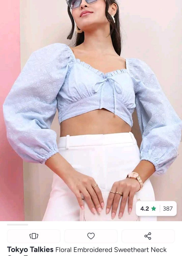 Blue Floral Puff Sleeve Crop Top