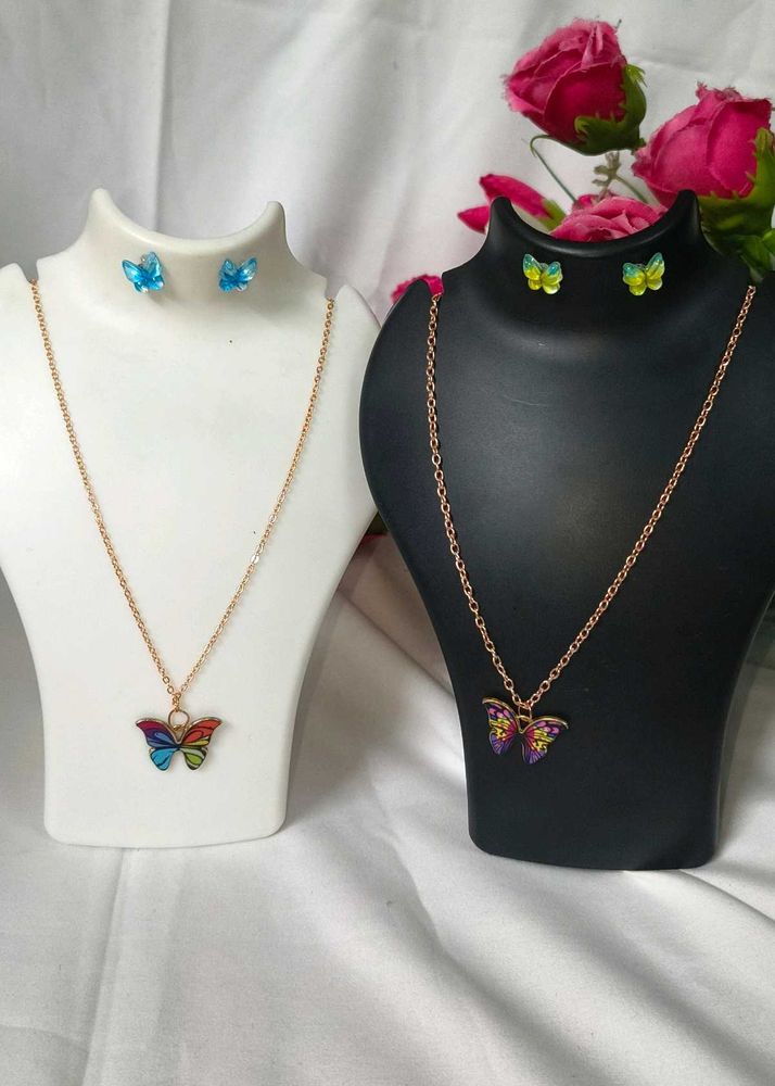 Butterfly Metal Combo Blue Multi Necklace &amp; Earrin