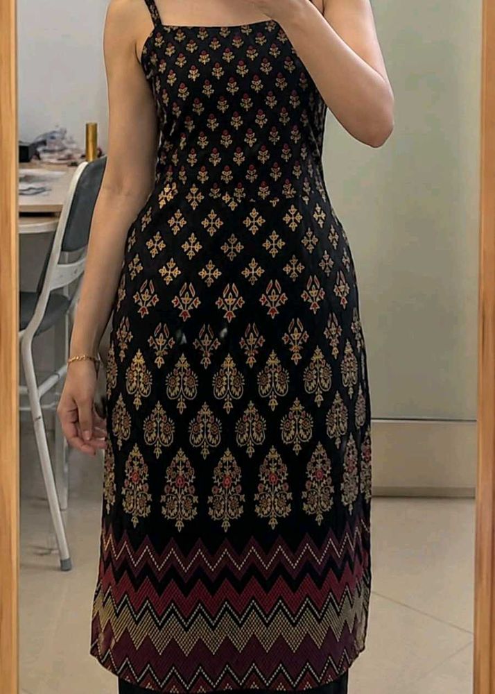 Elegant Black Tribal Print Spaghetti Strap Kurti
