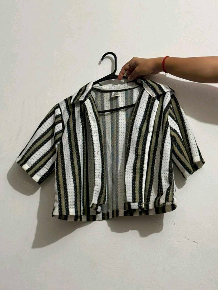 Striped Open Front Cropped Shirt